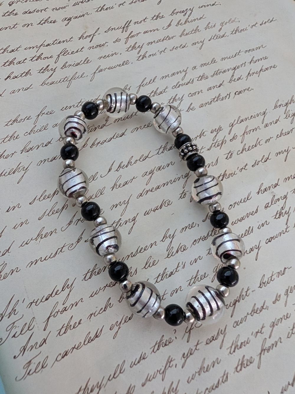 Silver-Striped Black Beaded Stretch Bracelet - Women Jewelry